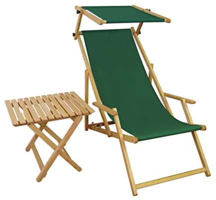 Holz-Liegestuhl klein oder groß mit viel Zubehör nach Wahl Stofffarbe grün V-10-304N, Ausstattung Liegestuhl:Sonnendach. Tisch