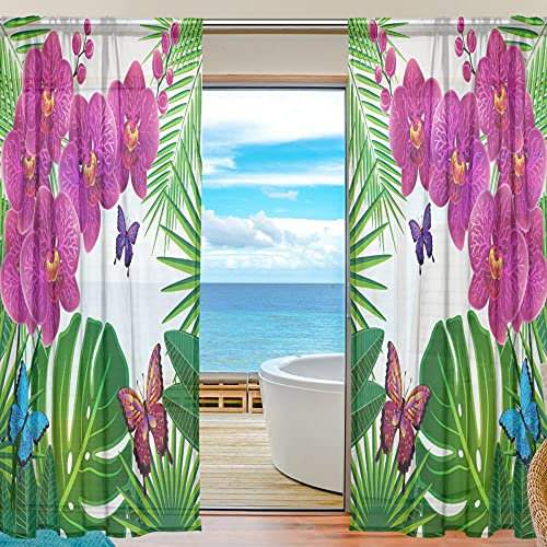 Sheer Voile Fenster Vorhang Schönes Orchidee Floral Blatt Schmetterling Muster bedruckt Polyester Stoff für Schlafzimmer Decor Home Tür Deko Küche Wohnzimmer 2 Felder 198,1 x 139,7 cm