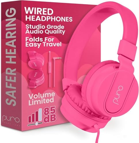 Puro Sound Labs PuroBasic Auriculares con Cable de Limitación de Volumen para Niños, Diadema Plegable y Ajustable con Micrófono, Compatible con Teléfonos Inteligentes, Tabletas y PC – Rosa