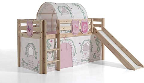 Vipack Spielbett Pino inkl. Rutsche mit Textilset Vorhang, Tunnel und 3 Taschen Birdy Kiefer massiv Natur