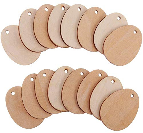 POFET 50 Pieces Wooden Mould Unfinished Egg Embellishments for Easter Crafts with Hole - 5 cm