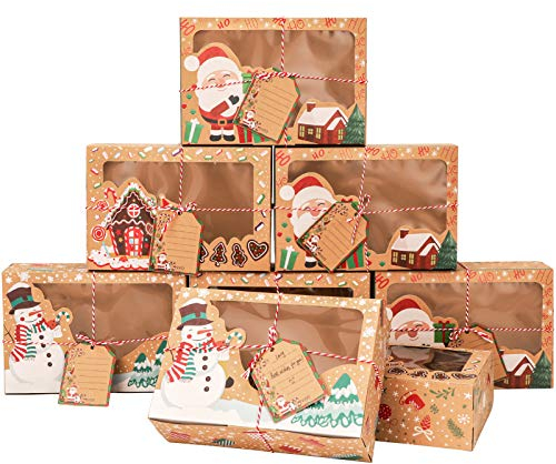 Qpout 12pack Christmas Cookie Gift Box Treat Boxes for Gift Giving, Large Rectangle Christmas Kraft Paper Food Container Bakery Boxes with Clear Window Christmas Gift Tag Ribbons,Christmas Supplies