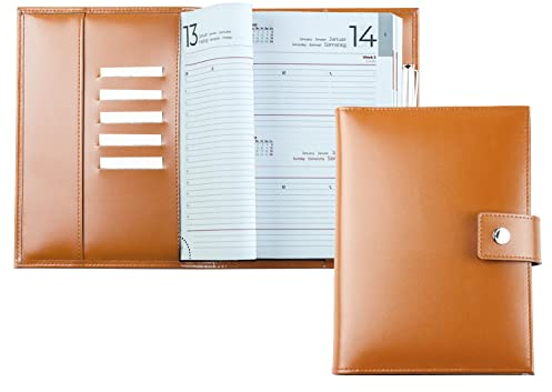 DELMON VARONE - Personalisierbarer Buch-Kalender DIN A5 2025 + 2026 Cambridge Top Grain Leder Braun - Familienplaner Organizer 1 Tag 1 Seite -Kalender-Buch Druckknopf, Stiftschlaufe & Einschubfächer
