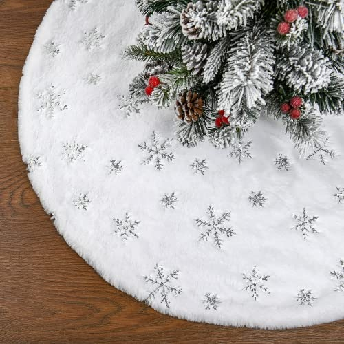 Mizijia Weihnachtsbaum Decke, 78CM/30 Zoll Runder Weiß Plüsch Weihnachtsbaum Rock mit Silbernen Pailletten Schneeflocke,Dicker und Weicher Christmas Tree Skirt,Christbaumdecke
