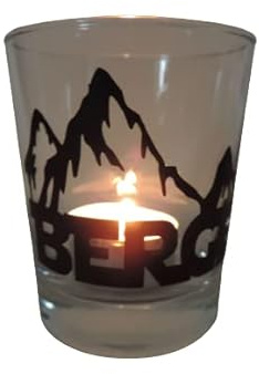 Lichtidee Teelicht Glas Windlicht Tischlicht Print mit Berge 2.0 schwarz Handmade Unikat Ostern Muttertaggeschenk, Höhe 8cm,
