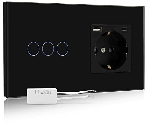 BSEED Dimmer Schalter mit USB Steckdose Anschluss (Max. 2.1A) Typ C Port 1 Fach 1 Weg Led Dimmer Schalter mit Touchscreen Wandsteckdosen mit USB Steckdose Touch Lichtschalter Schwarz