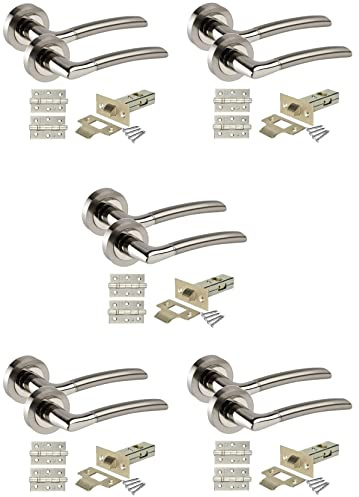 Golden Grace Indiana Door Handles with Latch Pack, Duo Chrome Finish | Complete set of 5 includes screws, ball bearing hinges, and 63mm tubular latches with concealed fixings for a tidy look.