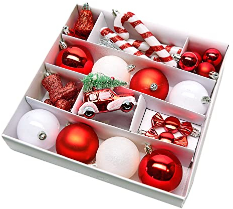 Kunststoff Christbaumschmuck Set rot weiß - 30 Teile - Weihnachtsbaum Deko Anhänger - Kugeln Glocke Bonbon Stiefel Zuckerstange Auto Tannenbaum Christbaum Schmuck