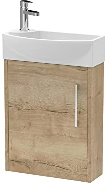 Hudson Reed JNU1861R Juno Compact Modern Cloakroom Wall Hung 1-Door Unit with 1 Tap Hole Right Hand Basin, 440mm, Woodgrain Autumn Oak