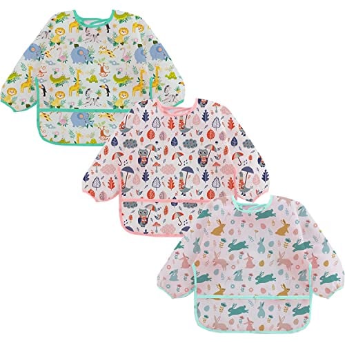 Yealoo 3 Pack Ärmellätzchen Wasserdicht Baby Lätzchen mit Lange Ärmeln für 3-24 Monate (Eule/Häschen/Zoo)