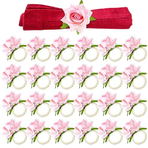 24 Stück Blume Serviettenringe Champagner Rose Serviettenringe Rosa Handwerk Blume Serviettenringe Rosa Blume Serviettenhalter Hochzeit Serviettenhalter Tischdekoration für Mutter Hochzeit Bankett