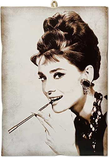 KUSTOM ART Bild im Vintage-Stil Audrey Hepburn im Film Frühstück von Tiffany, Druck auf Holz, 10 x 15 cm