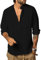 YAOHUOLE Mens Casual Cotton Henley Shirt Linen Shirt Long Sleeve Hippie Beach Button Summer Shirt Black L