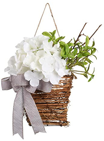 ZHDOKA Spring Wreath for Front Door, Artificial Pink Wildflowers/Cream Hydrangea Hanging Basket Wreath Boho Seasonal Welcome Sign for Home Porch Farmhouse Decor (Cream Hydrangea)