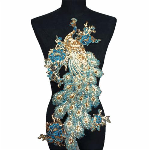 HIQIU Pailletten Feder Pfau aufnäher Stickerei Applikation Näheisen Auf Aufnäher Schimmernde Tüllaufnäher DIY zum aufnähen kleid Dekor (Blau)