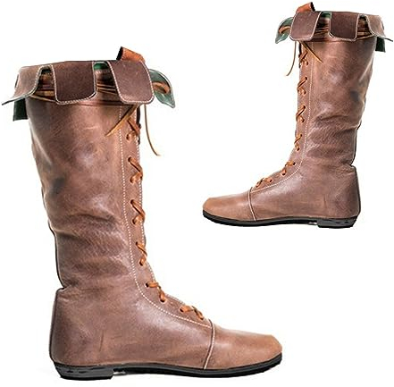 PU Leder Stiefel - Knie Länge Schnürsenkel UP Schuhe - Renaissance Mittelalter Cosplay Halloween Stiefel Lange Röhrenstiefel,Braun,44