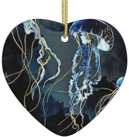 Blaue und goldene Quallen Weihnachtsbaum Keramik Anhänger, Weihnachtsschmuck 2024, doppelseitig bedruckter herzförmiger Anhänger