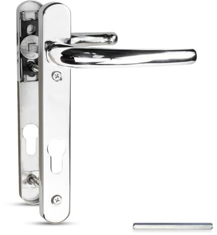 Bwintech 1 Satz Rostfreie Stähle Türgriff, Poliertes Chrom, 92mm Dornmaß, 122mm Schraubenabstand, 210mm Rückenplatte. Hochwertiges Federsystem. Geeignet für alle UPVC Haustüren