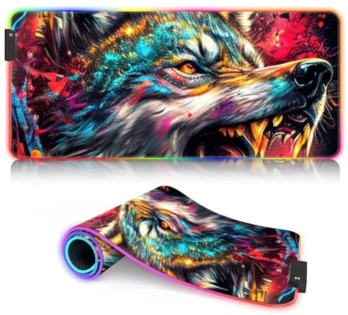 The Pirate Wolf Tapis Souris Jeu RGB Grand Tapis Souris LED Lumineux étendu avec 14 Modes d'éclairage et Tapis Souris USB Gamer pour Jeu Macbook PC Ordinateur Portable Bureau 30 x 80 cm