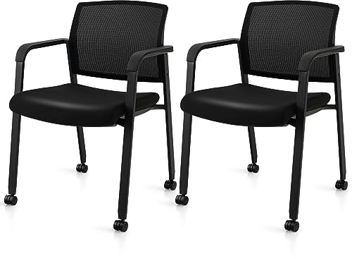 COSTWAY Set of 2/4/6 Stackable Reception Chairs, Upholstered Mesh Office Chair Meeting Conference Armchair, Computer Desk Seat Guest Visitors Chairs for Home Office (Black, 2PCS with Wheels)
