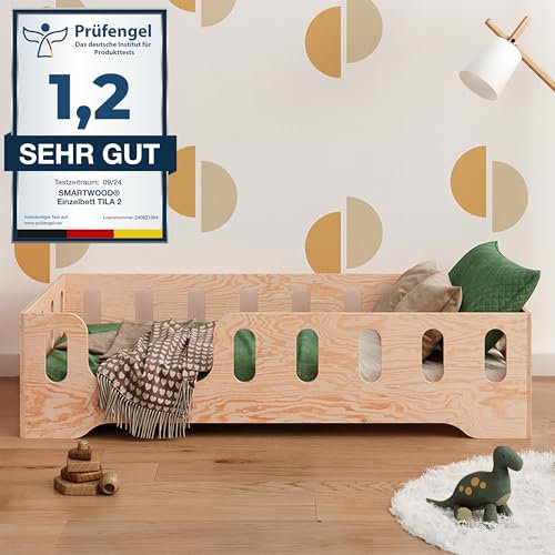 smartwood Bodenbett 80x180 Montessori Kinderbett aus Holz mit FSC-Zertifikat TILA 2L mit Rausfallschutz & Lattenrost bis 230kg belastbar - Einfache Montage