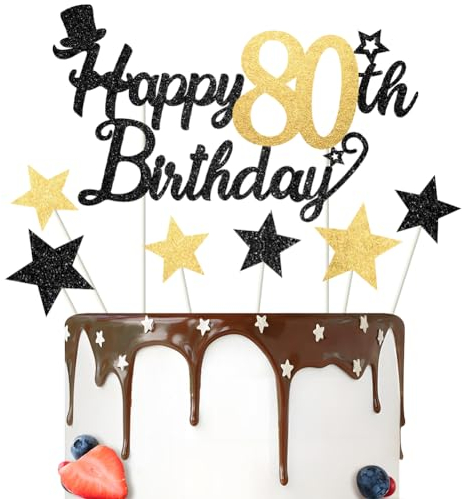 Glitter Happy Birthday Cake Topper Black Gold Gliter Happy 80th Birthday Cake Topper for Mens 80th Birthday Cake Decorations 7PCS by RichMoho