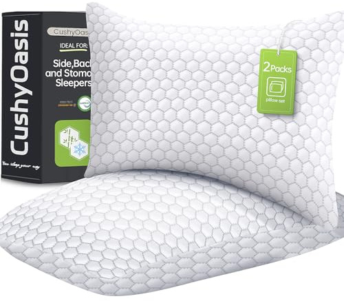CushyOasis Shredded Memory Foam Pillow for Sleeping, Cooling Bed Pillows Set of 2, Adjustable Pillows for Side, Back, Stomach Sleepers with Washable Pillowcase (Queen Size, Grey)