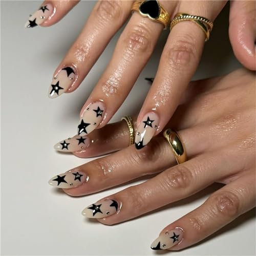 Crazynekos Black Stars Fake Nail Short Almond Press on Nails French Tips Nail Art Decoration for Women and Girls Manicure 24pcs