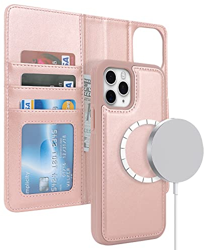 ELTEKER Hülle für iPhone 11 Handyhülle [Abnehmbare Magnetische] [Kabelloses Laden Kompatibel] Klapphülle Schutzhülle Lederhülle Roségold