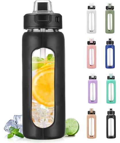 BLUEGO 700ML Bouteille d'eau en Verre avec Poignée et Paille Bouteille d'hydratation avec Manchon en Silicone et Marquage du Temps Gourde de Motivation pour Gym Sport Extérieur Anti-fuite, Noir