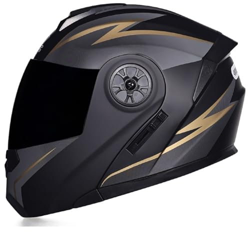 RUYICZB Modularer Motorradhelm, DOT/ECE-Geprüfter Hochklappbarer Integralhelm Mit Doppelvisier, Straßenrad-Rennmotorrad-Moped-ATV-Helm Für Männer Und Frauen,Black Gold 2,L 55~56cm