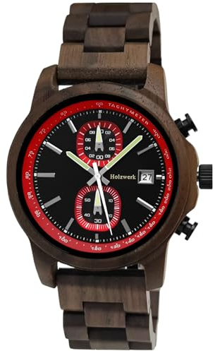 Holzwerk Germany Handgefertigte Designer Herren-Uhr Öko Natur Holz-Uhr Chronograph Armband-Uhr Analog Quarz-Uhr Rot Braun Schwarz Datum Holz