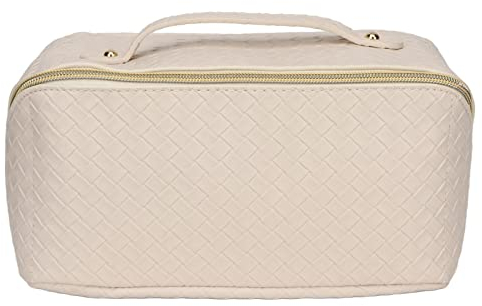 Reise-Make-up-Tasche, Make-up-Aufbewahrungstasche, PU-Leder, gewebtes Muster, Reißverschluss, Kosmetiktasche für Reisen (Weiß)