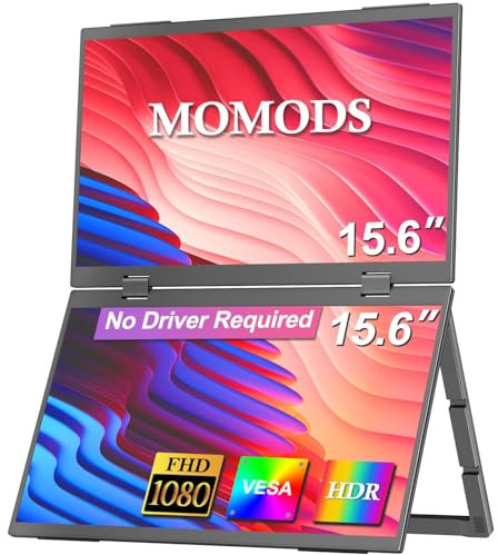 MOMODS Monitor Portatile 15.6 1080P, Doppio Schermo Pieghevole con Rotazione 180°, Portable Monitor con Supporto e VESA, Estensore per Laptop/PC/Mac/Telefono