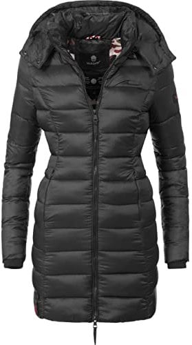 MARIKOO Damen Langer Wintermantel Warmer Steppmantel mit Abnehmbarer Kapuze Abendsternchen Schwarz Gr. 3XL