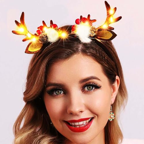 Reaky Bandeau de Noël avec lumières LED scintillantes en bois de renne - Bandeau lumineux avec oreilles de cerf - Accessoires de cheveux pour femme
