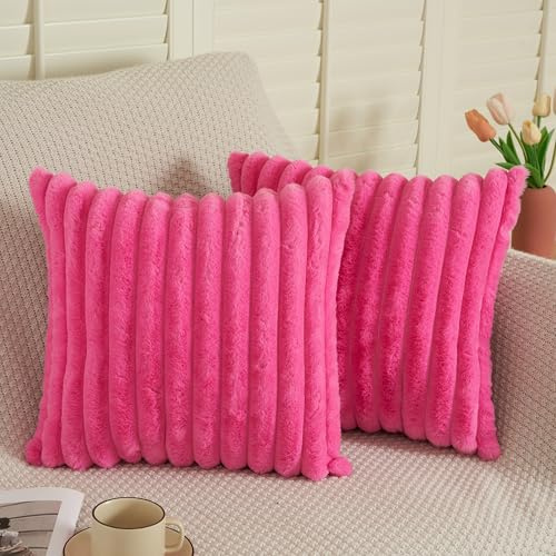 ORANIFUL Rosa Rot 50x50 Fell Kissenbezüge Set 2-teilig Kuschelkissen Flauschig Kissenhülle Streifen Design Kissen Hülle für Sofa Couch Bett Weicher Fake Fur Bezug Moderne Dekokissen