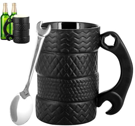 Reifen Tasse Mit Löffel und Henkel, Reifentasse Keramik Tassen Kreative Kaffeetassen Groß 3D Tasse 500ML Teetasse Groß Autotasse, Männer Geschenke für Autoliebhaber