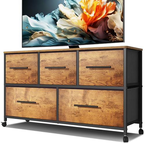 MYGIIVOVO Chest of Drawers, Dresser for Bedroom with 5 Fabric Drawers, TV Stand with 4 Castors, Storage Organizer Unit for Living Room Kids Room (Retro)