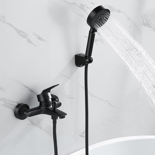 Auralum Badewannenarmatur Schwarz mit Handbrause,Badewannenarmaturen mit Brause 5 Funktionen und 1,5 m Schwarzer Edelstahlschlauch,Wannenarmatur mit Brause für Bad