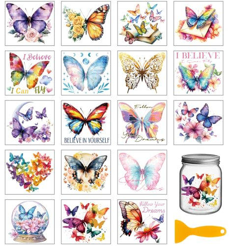 GLOBLELAND 18 Blatt Bunte Schmetterlings UV DTF Tasse Transfer Aufkleber 3.9x3.6 Zoll Mondblumen DTF Transferaufkleber Möbel Großformat Transfers für Glasbecher Keraflott Möbel Glas Holz