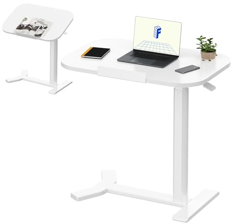 FLEXISPOT C-Shaped Side Table Height Adjustable End/Bedside Table for Sofa Bedroom Living Room Office, Pneumatic Standing Desk Coffee Table for Small Spaces, 60 x 40 White