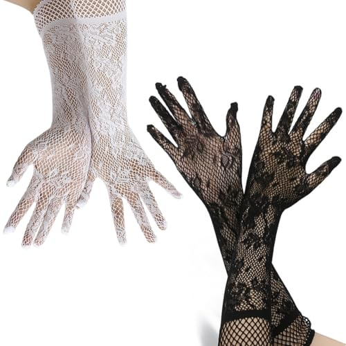 GHPKOTW 2 Paar Lange Spitzenhandschuhe, Elegante Netz-Handschuhe Für Damen, Opernhandschuhe, Audrey Hepburn Stil, 1920er Jahre Vintage, Partyhandschuhe, Schwarz Und Weiß, Für Hochzeit, Tanz, Theater