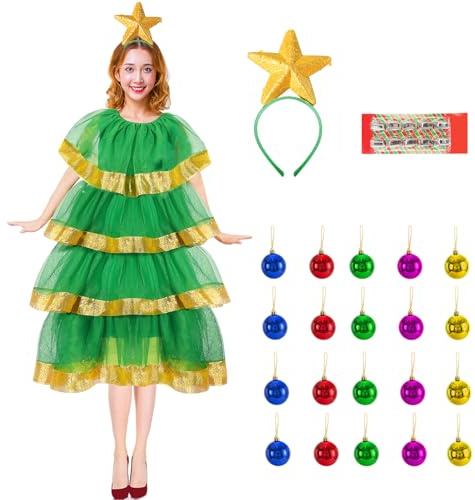 Mprocen Weihnachtsbaum Kostüm Damen 47PCS Weihnachtsfest Outfit mit LED Lichterkette Grün Gold Fun Party Dekoration Karneval Fasching Accessoires (M)