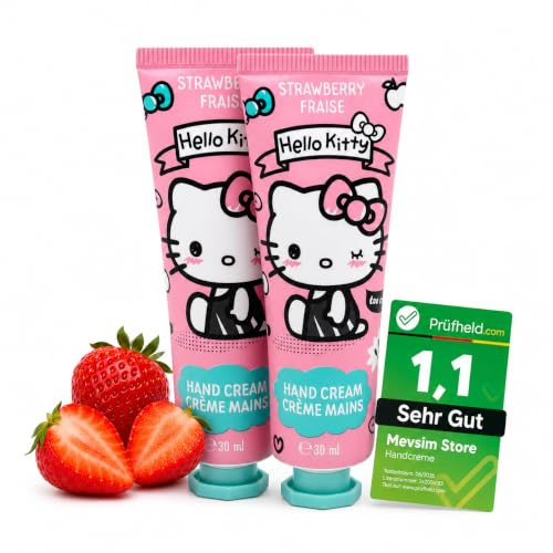 [ Test SEHR GUT, Note 1.1 *] Hello Kitty Erdbeer Handcreme – 30ml 2er Set – Feuchtigkeitsspendend, Pflegend & Schnell Einziehend – Für Kinder, Teenager & Erwachsene – Geschenkidee, Reisegröße