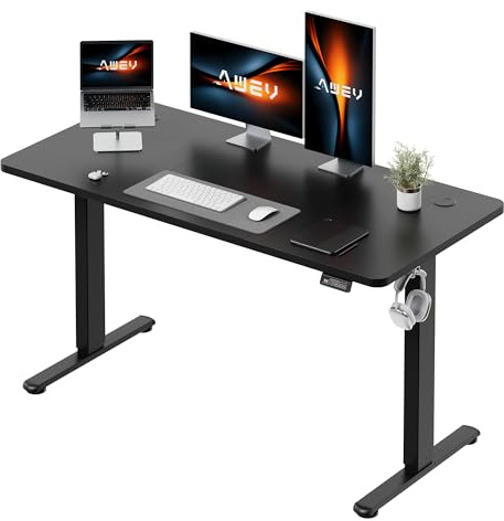 AWEV Electric Standing Desk 140 x 60 cm, Height Adjustable Sit Stand Desk with Backpack Hook & Memory Smart Pannel, Home Office Desk, Black