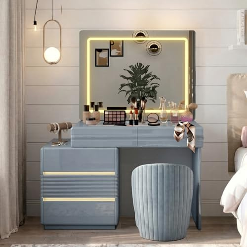 GLOSSIQUE High Gloss Dressing Table with Mirror and Stool - Touch Control LED Mirror 3 Lighting Modes - Vanity Desk with 5 Drawers - Modern Makeup Table for Bedroom - Grey