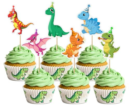 Nymora 36 Stück Cartoon-Dinosaurier-Cupcake-Topper, Süße Dino-Kuchenstifte mit 6 bezaubernden Designs – Dinosaurier-Geburtstagsfeier-Dekorationen für Kinder, Babyparty und Desserttisch-Zubehör