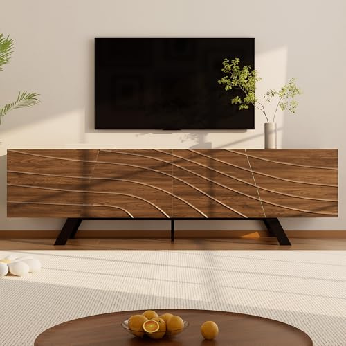 Merax TV-Schrank 160x39x50,5cm, Lowboard mit schwarzen Eisenbeinen, viel Stauraum, Kabelmanagement, Ablagefläche, modernes TV-Lowboard für Wohnzimmer und Flur, dunkle Holzfarbe