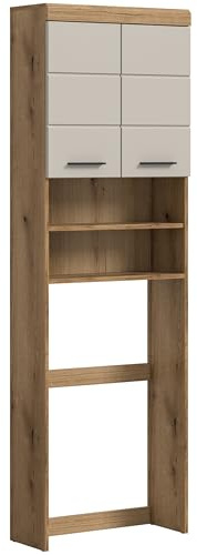 furnling Waschmaschinenüberbau Scott, Matte Kaschmir Front, 2 offene Fächer, 2 Türen, Waschmaschinenschrank mit 3 verstellbaren Einlegeböden, Breite 63 cm, Korpus Evoak Oak